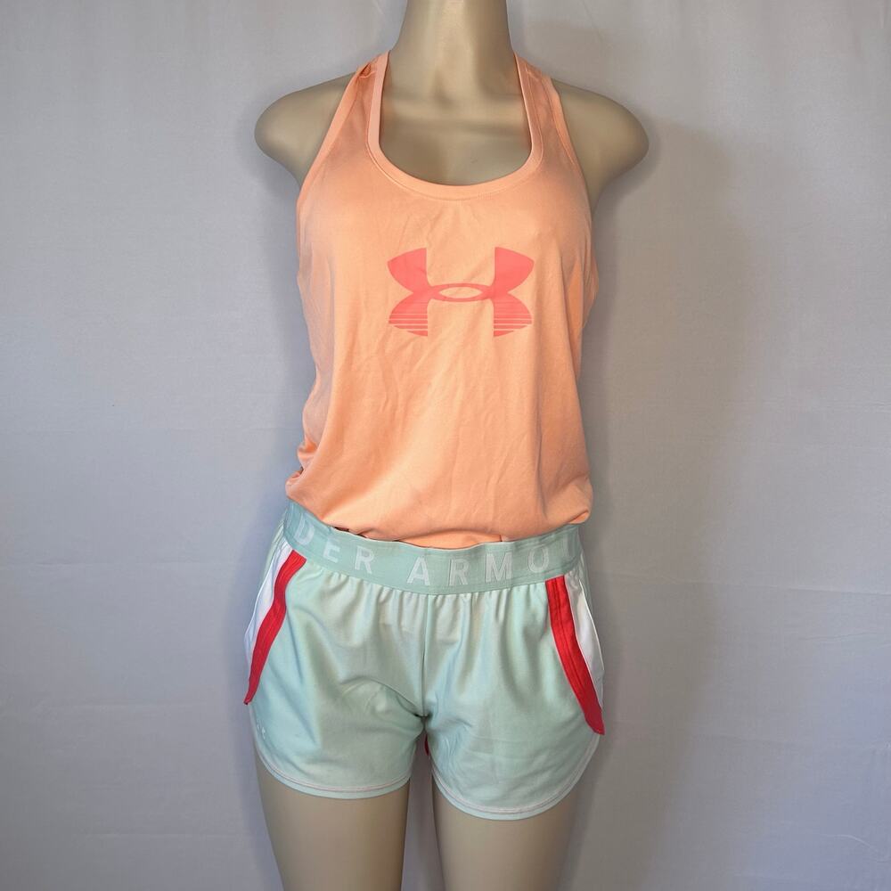Under Armour Women’s Tank & Shorts Set Medium Peach Mint Athletic Workout